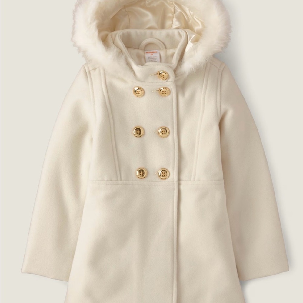 Girls Off White Double-Breasted Hooded Pea Coat with Faux Fur Trim